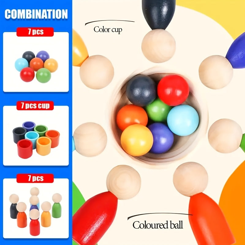 Wooden classification game set, rainbow ball and cup color classification game.