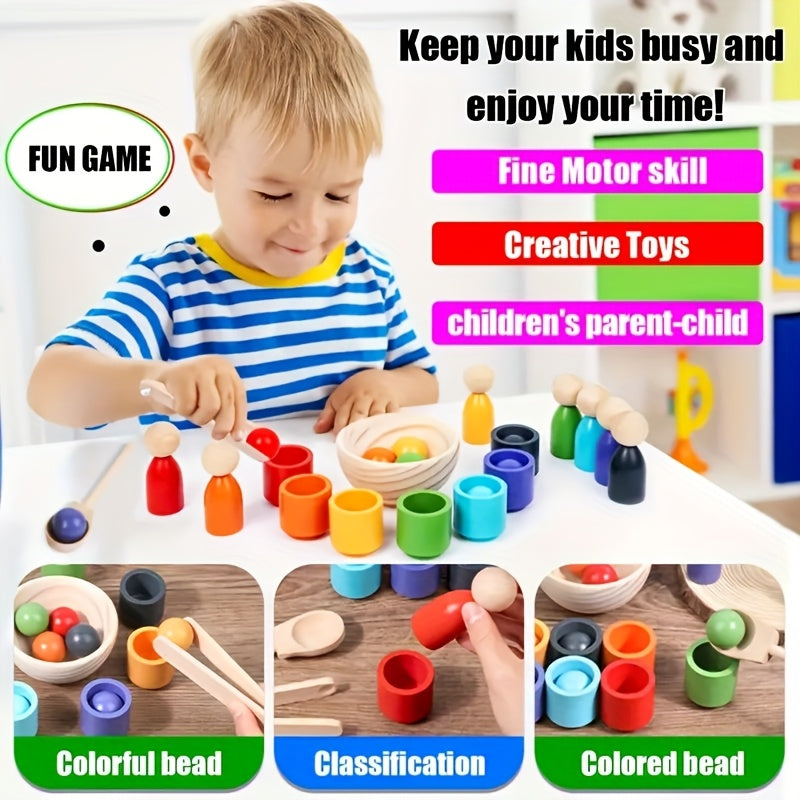 Wooden classification game set, rainbow ball and cup color classification game.