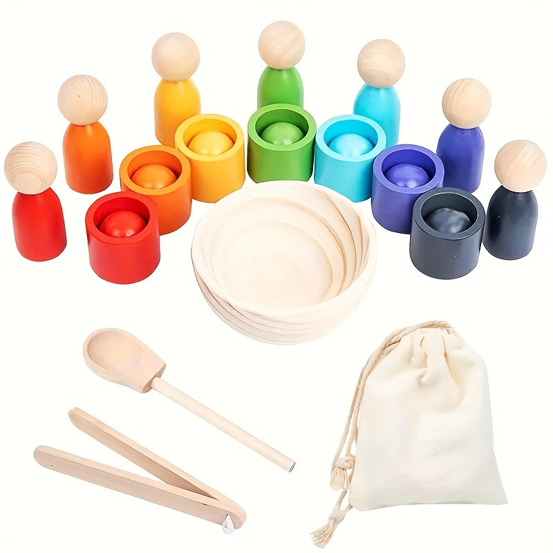Wooden classification game set, rainbow ball and cup color classification game.