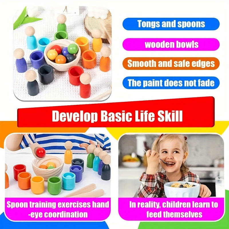 Wooden classification game set, rainbow ball and cup color classification game.