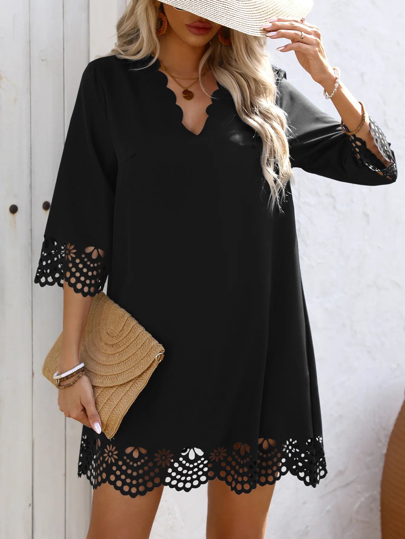 Fashion Elegant Women Dresses V-Neck Three Quarter Sleeve Hollow Out Hem A-Line Dress Female Casual Holiday Ladies Dresses 2025