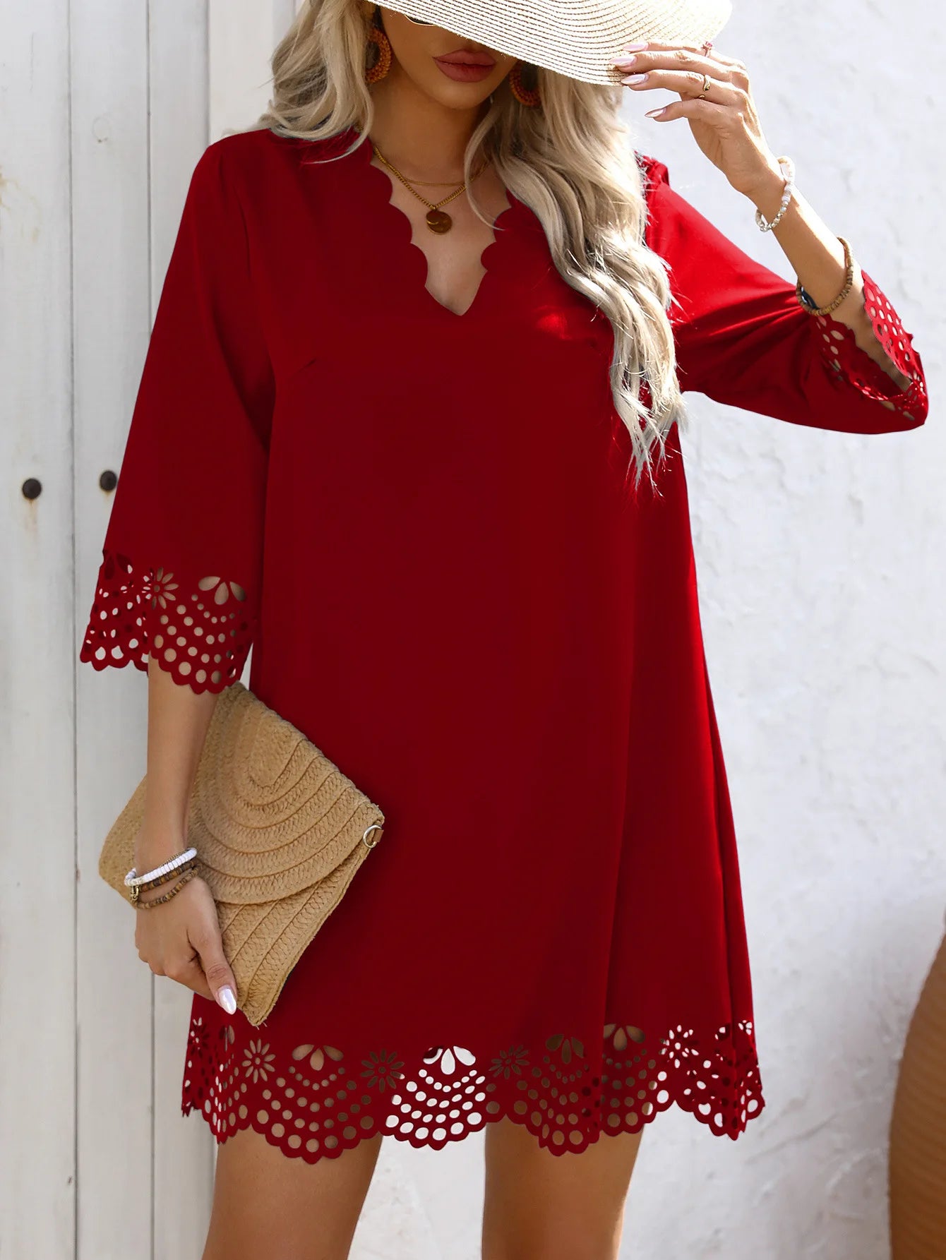 Fashion Elegant Women Dresses V-Neck Three Quarter Sleeve Hollow Out Hem A-Line Dress Female Casual Holiday Ladies Dresses 2025