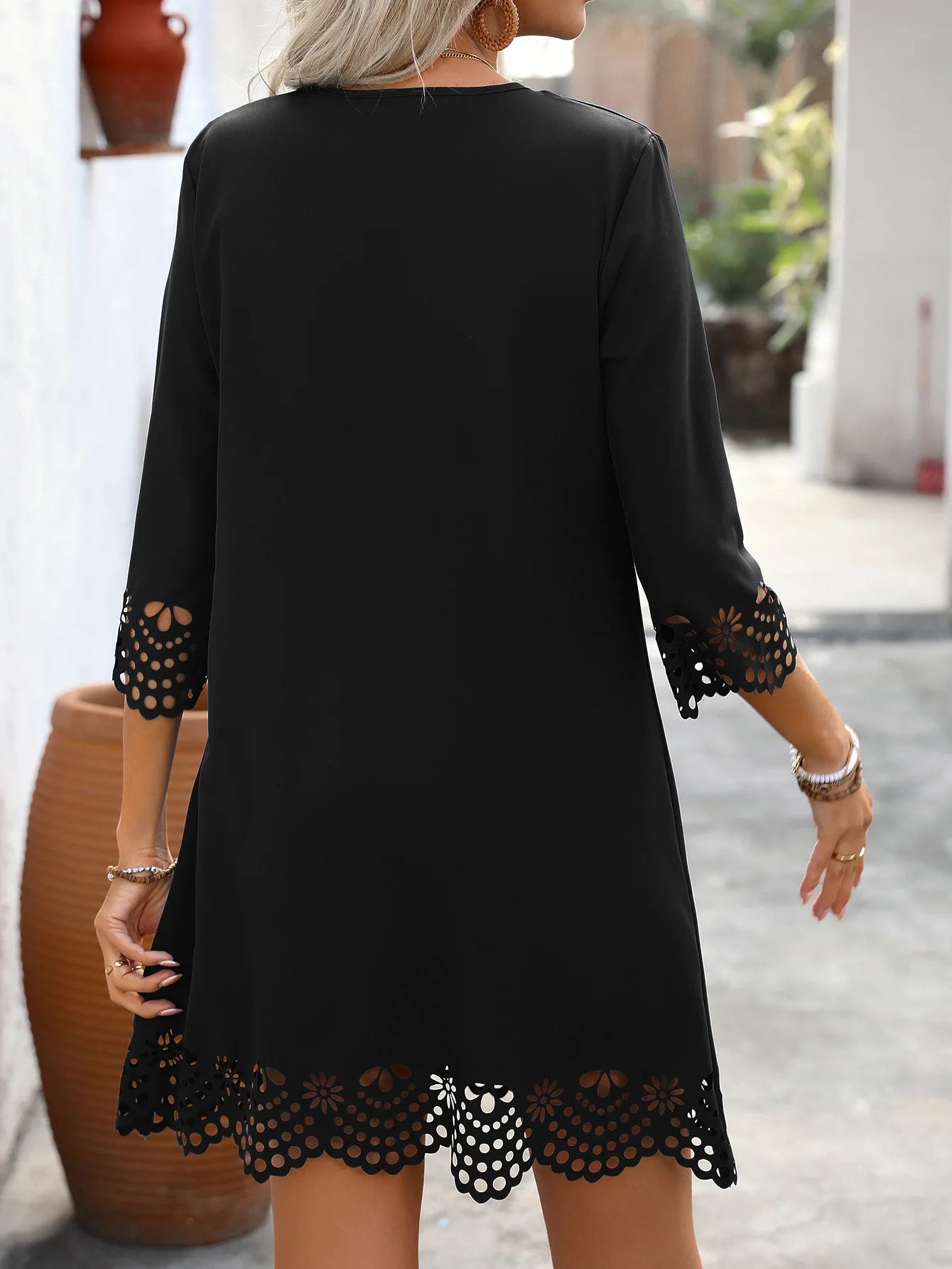 Fashion Elegant Women Dresses V-Neck Three Quarter Sleeve Hollow Out Hem A-Line Dress Female Casual Holiday Ladies Dresses 2025