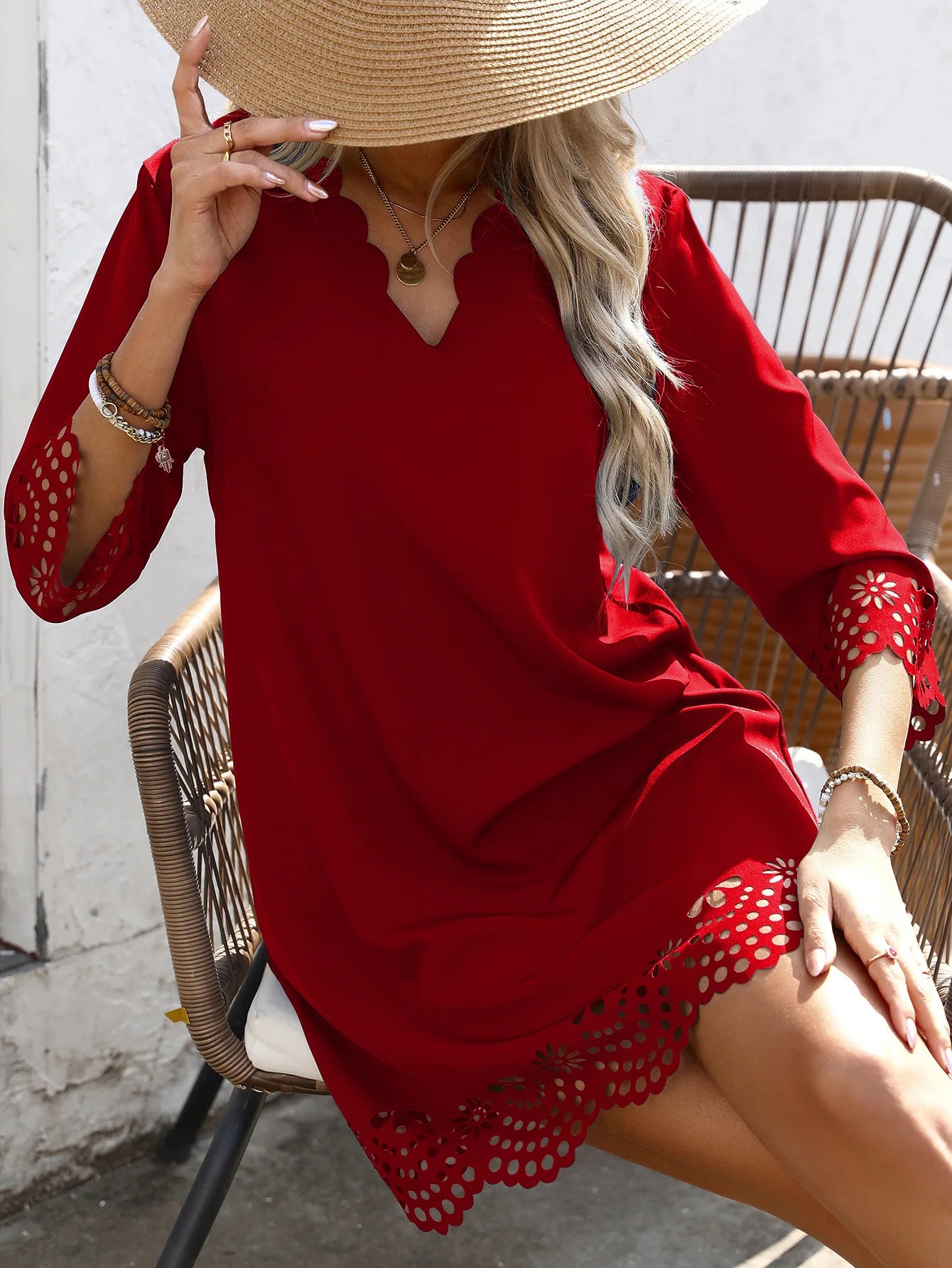 Fashion Elegant Women Dresses V-Neck Three Quarter Sleeve Hollow Out Hem A-Line Dress Female Casual Holiday Ladies Dresses 2025