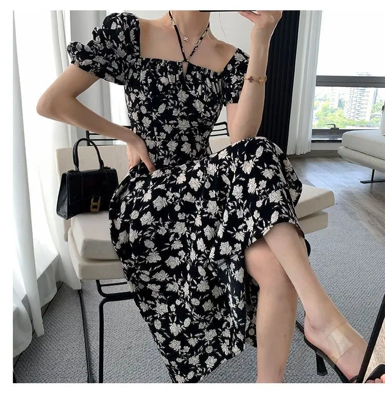 Lantern Sleeve Chiffon Floral Dress for Women Long Skirt