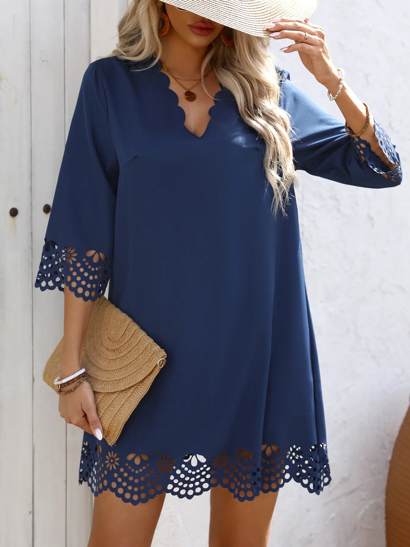 Fashion Elegant Women Dresses V-Neck Three Quarter Sleeve Hollow Out Hem A-Line Dress Female Casual Holiday Ladies Dresses 2025