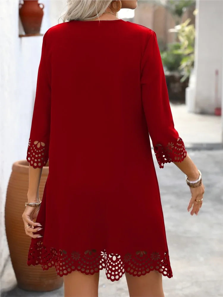 Fashion Elegant Women Dresses V-Neck Three Quarter Sleeve Hollow Out Hem A-Line Dress Female Casual Holiday Ladies Dresses 2025