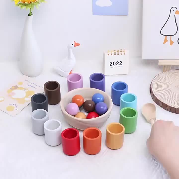 Wooden classification game set, rainbow ball and cup color classification game.