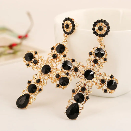 New Arrival Vintage Black Pink Crystal Cross Drop Earrings for Women