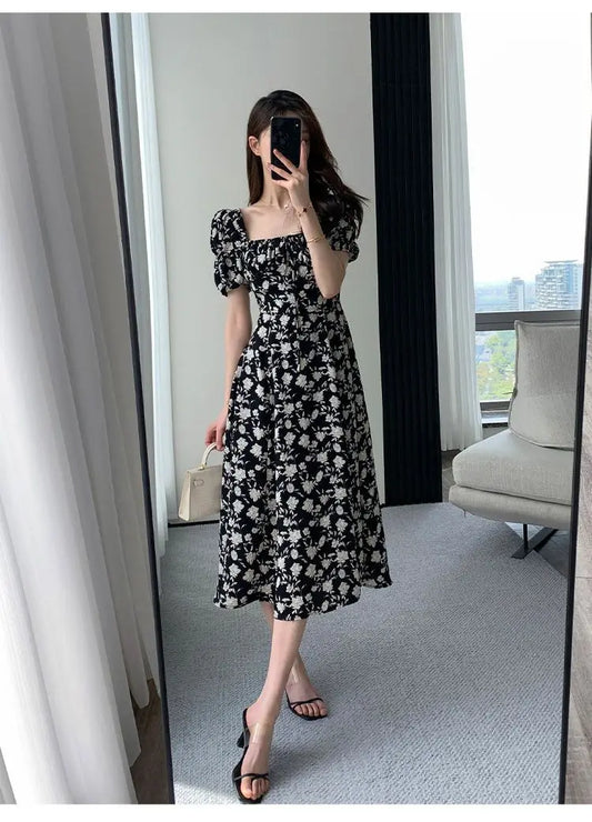 Lantern Sleeve Chiffon Floral Dress for Women Long Skirt