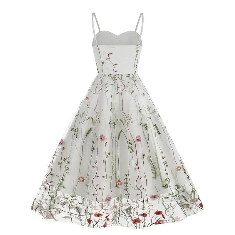 Hepburn Vintage Spaghetti Strap Floral Embroidered Mesh Fit and Flare Dress Women's Birthday Elegant Evening Party Midi Dresses