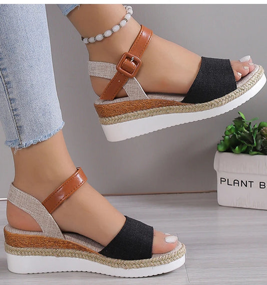 Women's Sandals Peep Toe Wedges Heels Sandals 2025 Summer Shoes Woman Low Platform Sandalias Mujer Non-slip Hemp Heeled Shoes