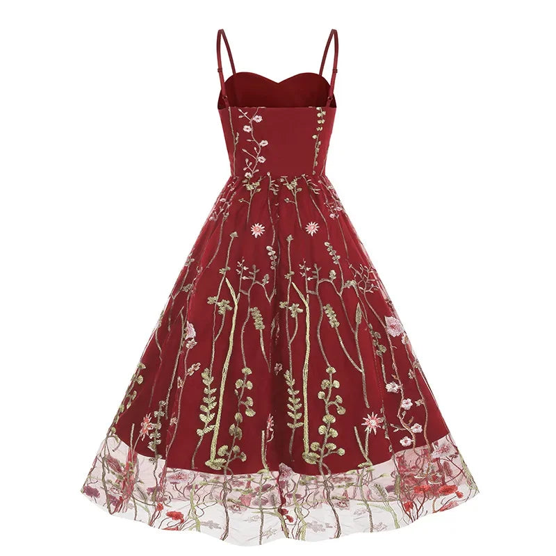 Hepburn Vintage Spaghetti Strap Floral Embroidered Mesh Fit and Flare Dress Women's Birthday Elegant Evening Party Midi Dresses