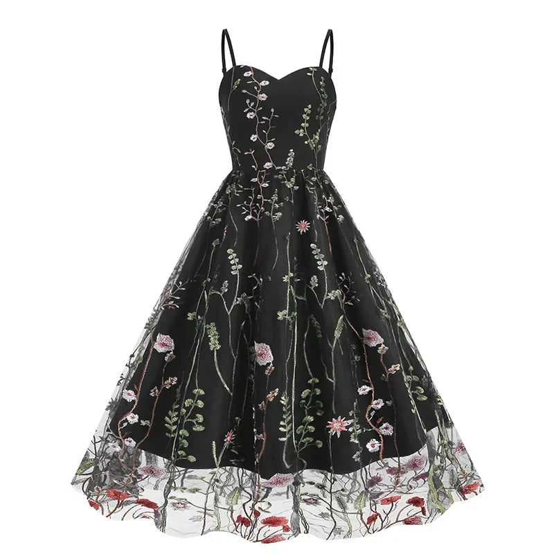 Hepburn Vintage Spaghetti Strap Floral Embroidered Mesh Fit and Flare Dress Women's Birthday Elegant Evening Party Midi Dresses
