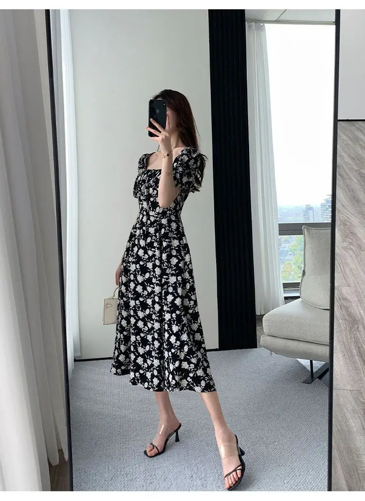 Lantern Sleeve Chiffon Floral Dress for Women Long Skirt