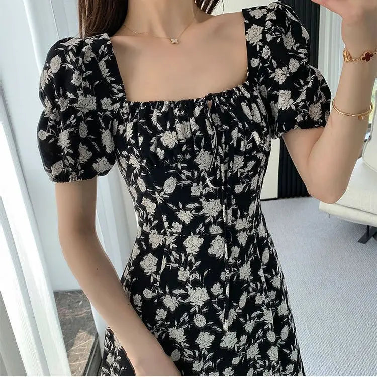 Lantern Sleeve Chiffon Floral Dress for Women Long Skirt