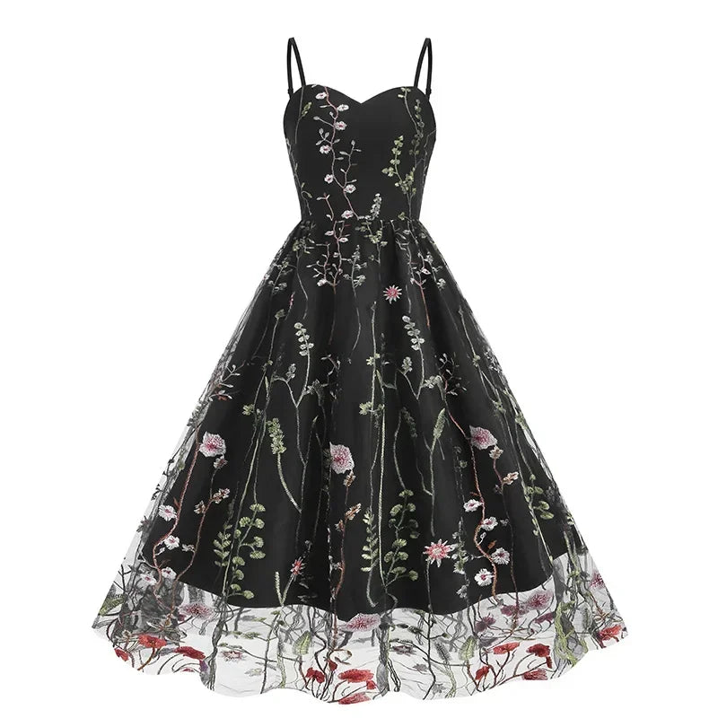 Hepburn Vintage Spaghetti Strap Floral Embroidered Mesh Fit and Flare Dress Women's Birthday Elegant Evening Party Midi Dresses