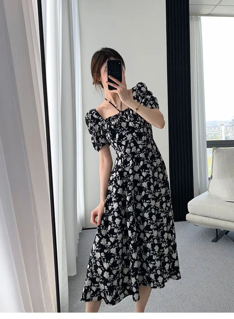 Lantern Sleeve Chiffon Floral Dress for Women Long Skirt