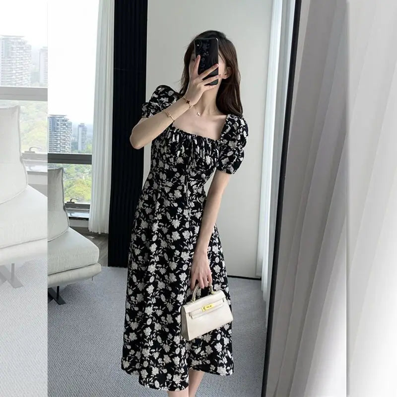 Lantern Sleeve Chiffon Floral Dress for Women Long Skirt