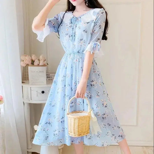 Women's New Sweet Doll Collar Floral Chiffon Dress