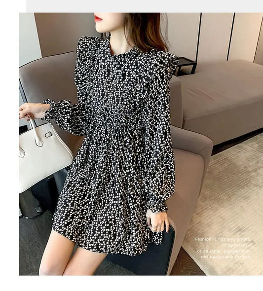 Spring Autumn New French Retro Waist-hugging Slim and Versatile A-line Skirt for Women Long-sleeved Temperament Floral Dress