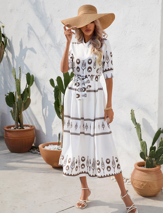 National Style Printed Five-Sleeve Dress