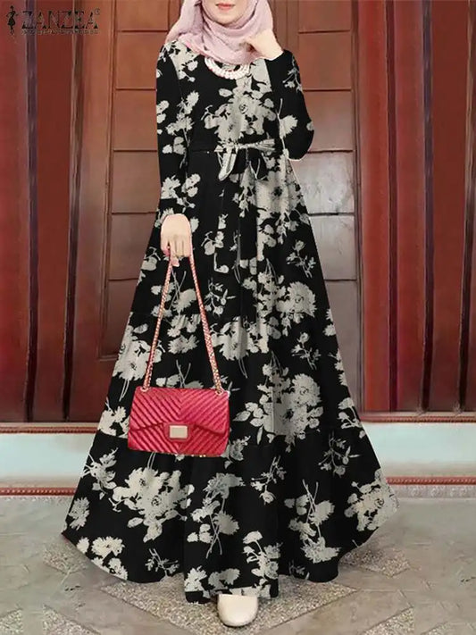 ZANZEA Spring Floral Printed Muslim Dress Long Sleeve Ramadan Turkey Vestidos Vintage Holiday Maxi Robe Kaftan Islamic Abaya