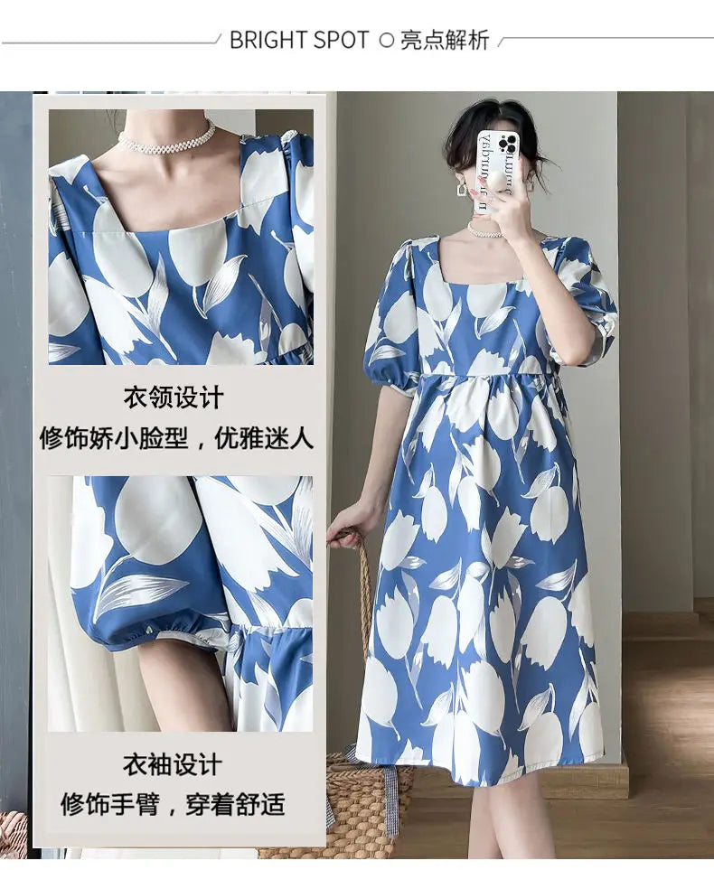Fashionable Printed Puff Sleeves for Women's Versatile Dress