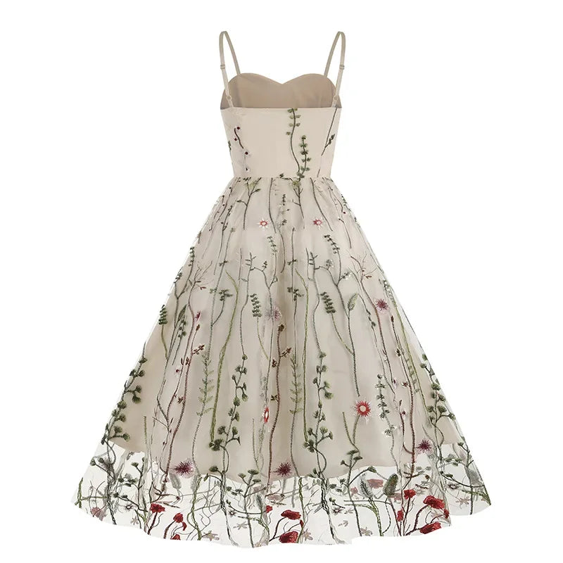 Hepburn Vintage Spaghetti Strap Floral Embroidered Mesh Fit and Flare Dress Women's Birthday Elegant Evening Party Midi Dresses