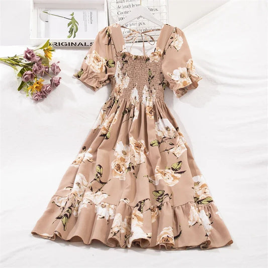 Summer Woman Dresses Fashion, Female Elastic Waist Short Sleeve Casual Dress Women.