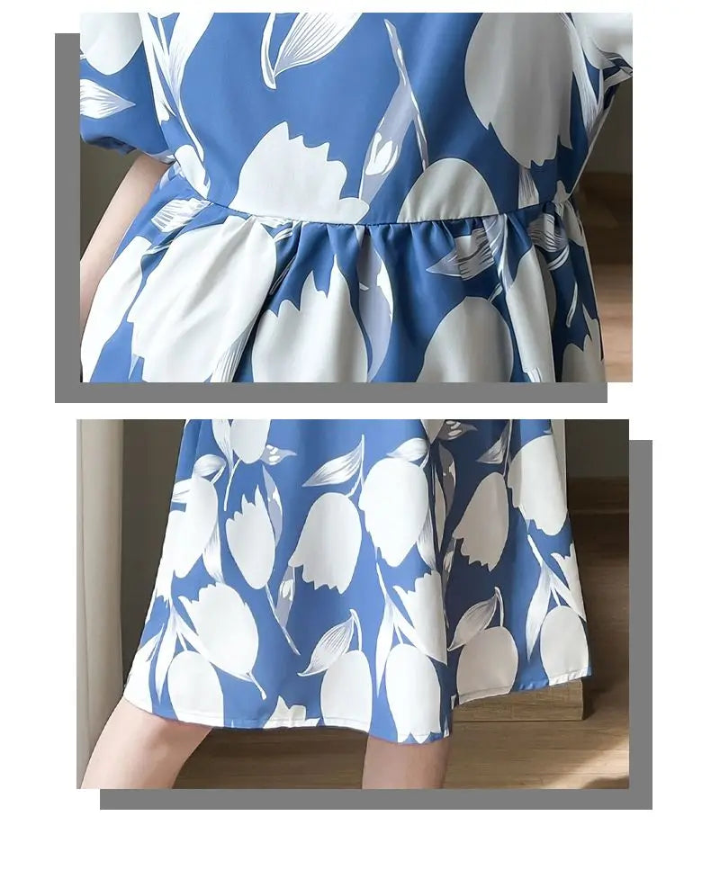 Fashionable Printed Puff Sleeves for Women's Versatile Dress