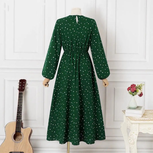 Polka Dot Comfortable Elegant Printed Pocket Casual Loose Waist-Cinched Long Sleeve Dress