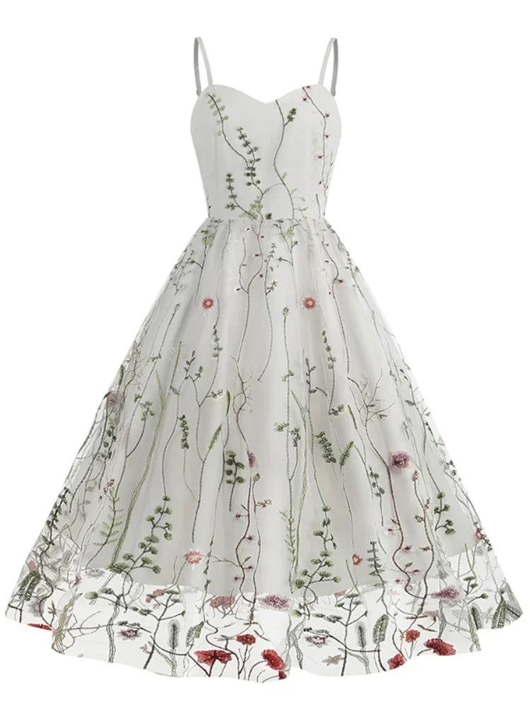 Hepburn Vintage Spaghetti Strap Floral Embroidered Mesh Fit and Flare Dress Women's Birthday Elegant Evening Party Midi Dresses