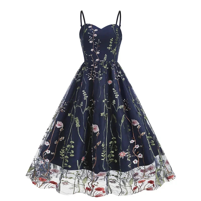 Hepburn Vintage Spaghetti Strap Floral Embroidered Mesh Fit and Flare Dress Women's Birthday Elegant Evening Party Midi Dresses