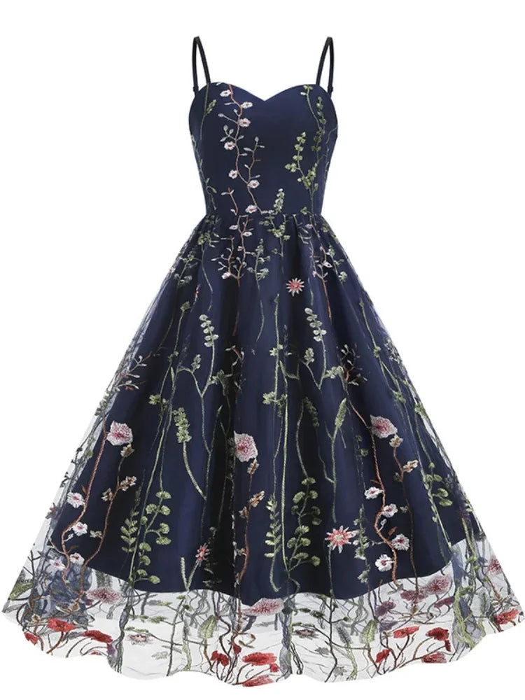 Hepburn Vintage Spaghetti Strap Floral Embroidered Mesh Fit and Flare Dress Women's Birthday Elegant Evening Party Midi Dresses