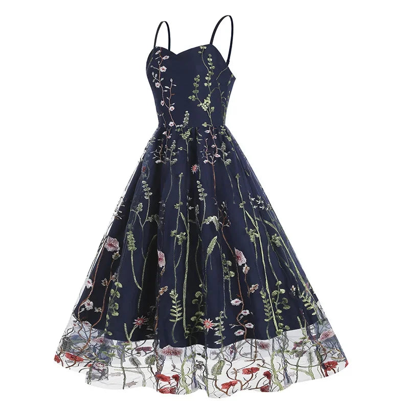 Hepburn Vintage Spaghetti Strap Floral Embroidered Mesh Fit and Flare Dress Women's Birthday Elegant Evening Party Midi Dresses