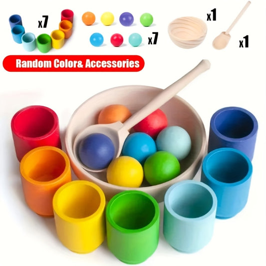 Wooden classification game set, rainbow ball and cup color classification game.